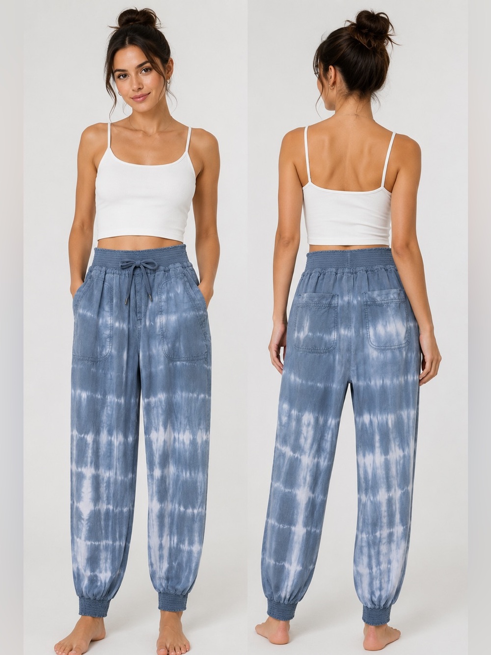 [American Eagle] Blue White Tie Dye Smocked Waist Lyocell Comfy Joggers - Size M